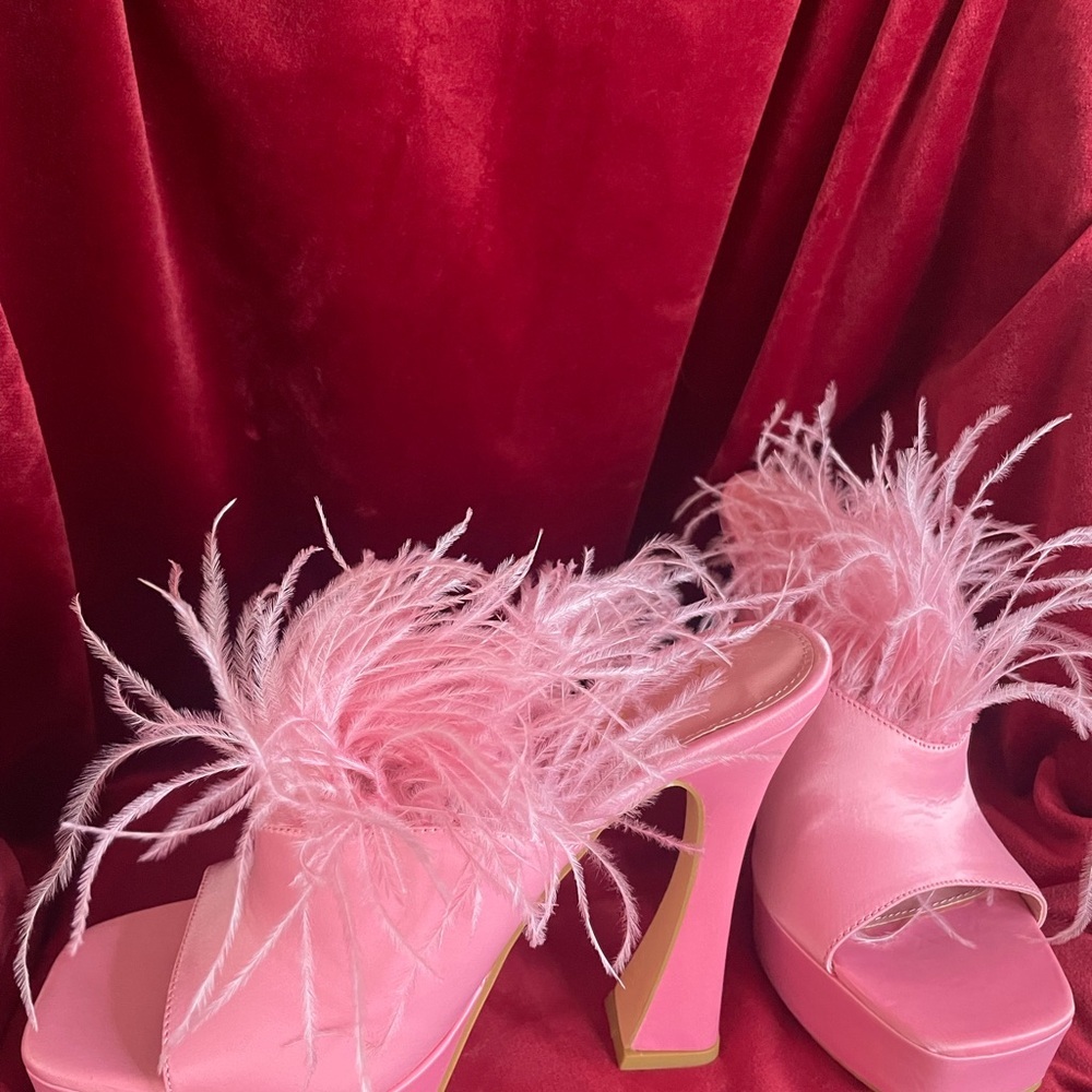 Fashion Nova Pink Feathered Platform Heels - Picture 7 of 9